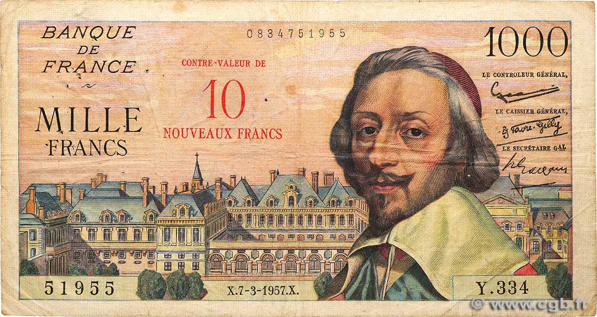 10 NF sur 1000 Francs RICHELIEU FRANCE  1957 F.53.01 VG