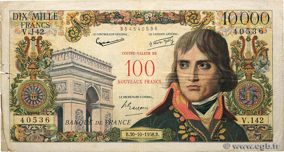 100 NF sur 10000 Francs BONAPARTE FRANCE  1958 F.55.01 B+