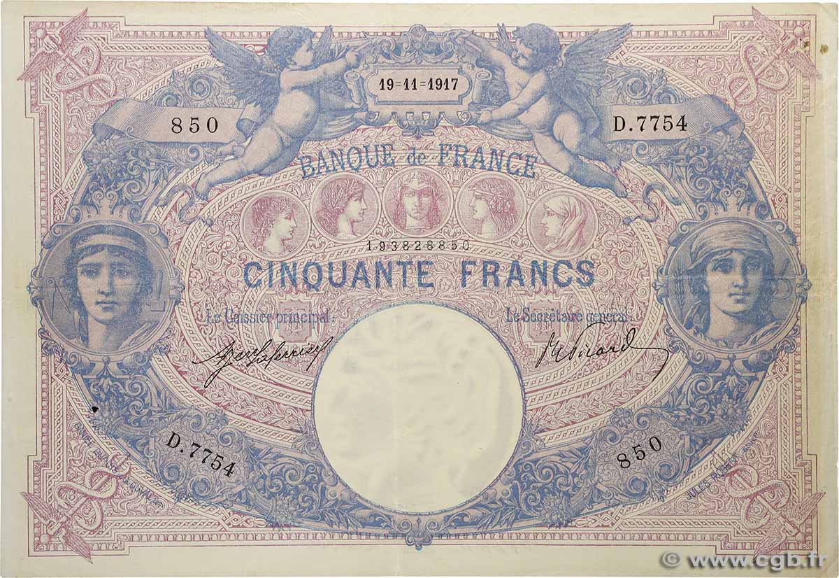 50 Francs BLEU ET ROSE FRANCE  1917 F.14.30 TTB+