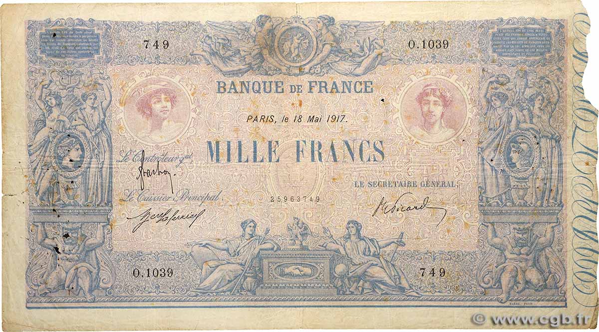 1000 Francs BLEU ET ROSE FRANCE  1917 F.36.31 B+