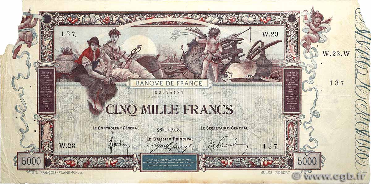 5000 Francs FLAMENG FRANCE  1918 F.43.01 B