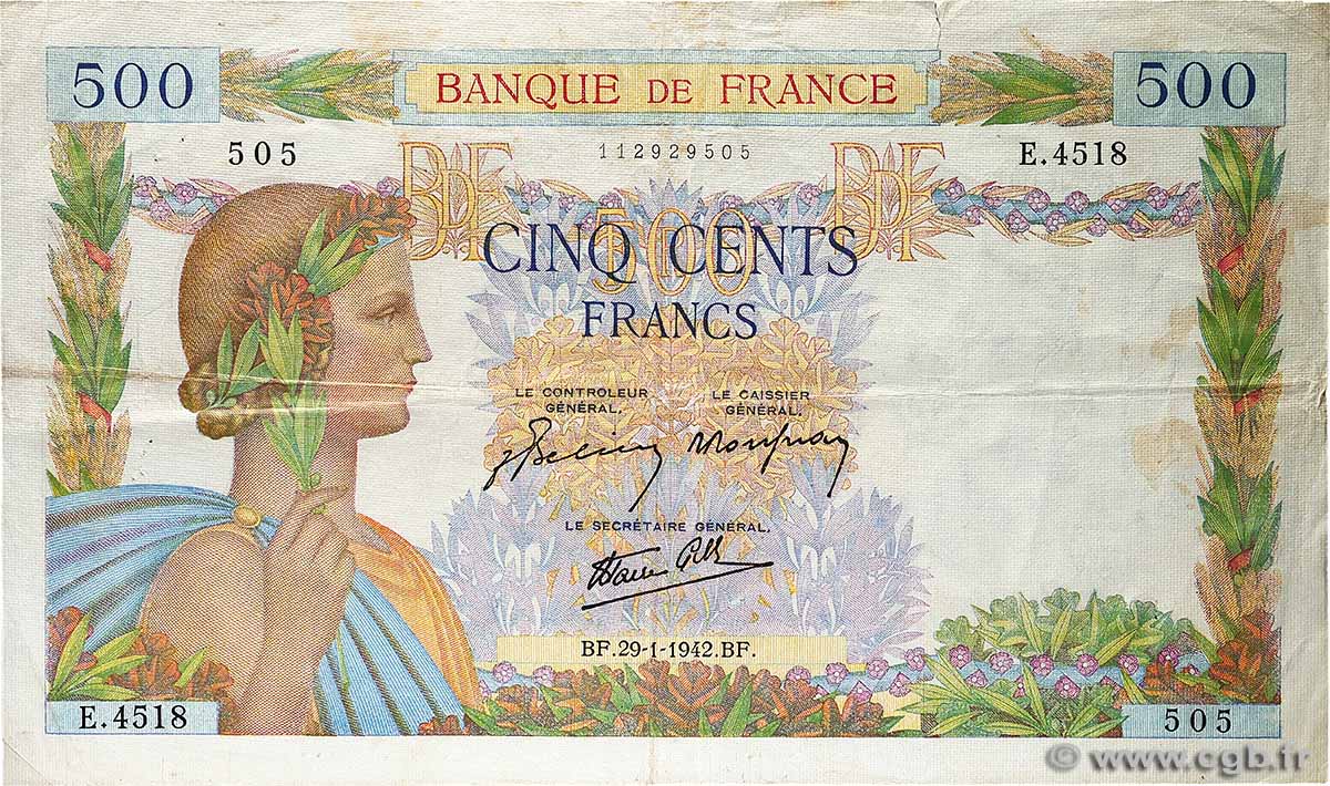 500 Francs LA PAIX FRANCIA  1942 F.32.28 q.BB