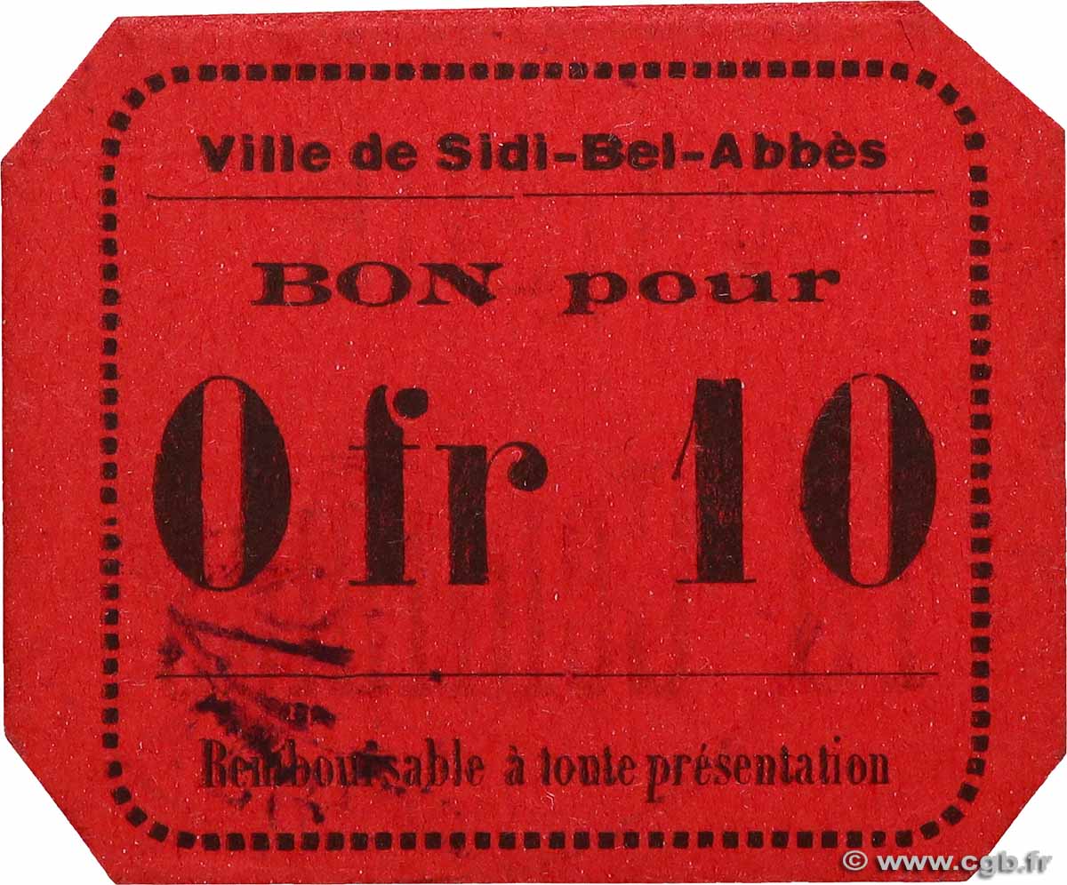 10 Centimes ALGÉRIE Sidi-Bel-Abbès 1916 JPCV.07 NEUF
