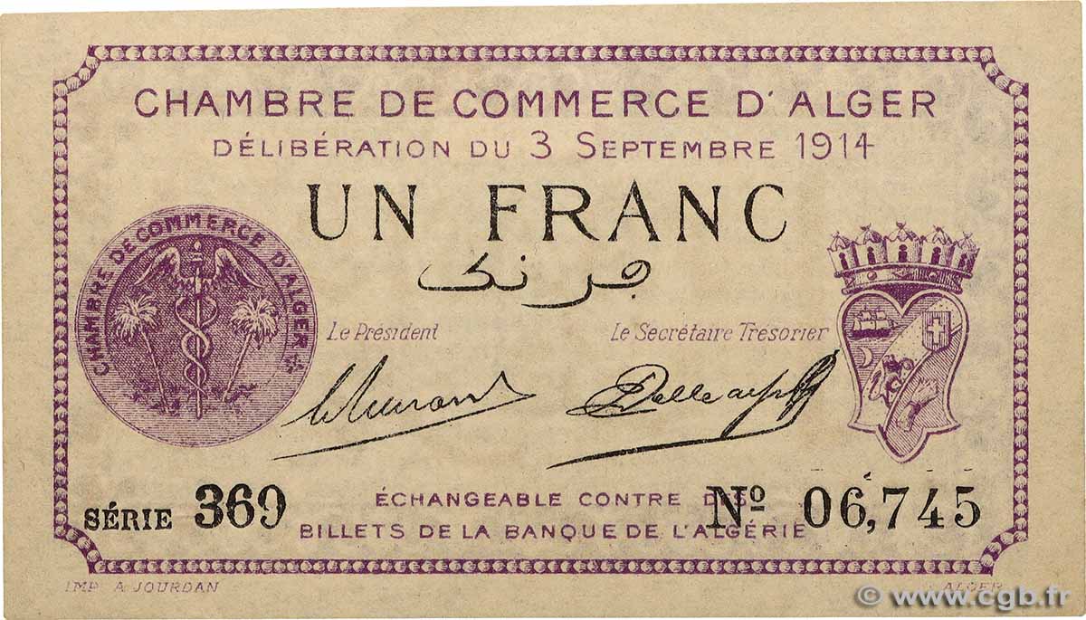 1 Franc ALGERIA Alger 1914 JP.137.01 AU