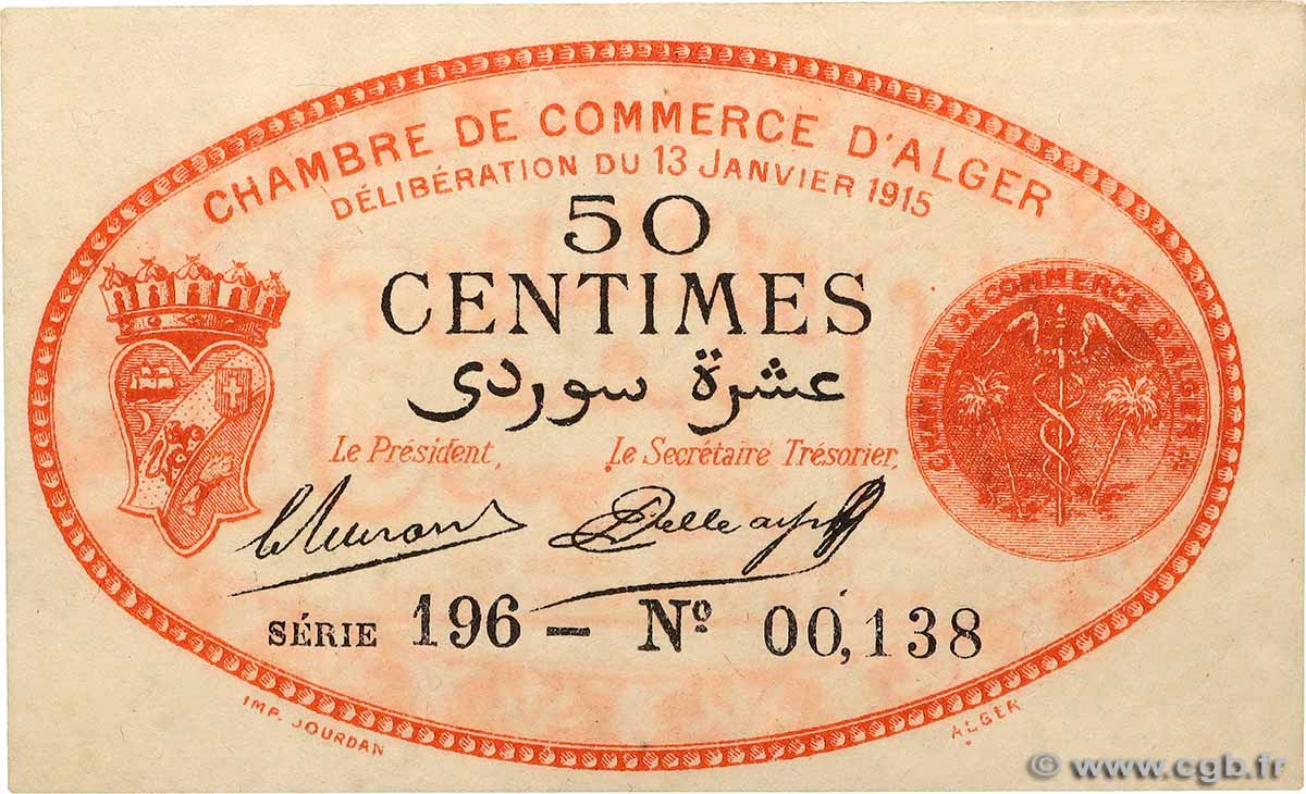 50 Centimes Petit numéro ALGERIA Alger 1915 JP.137.05 AU