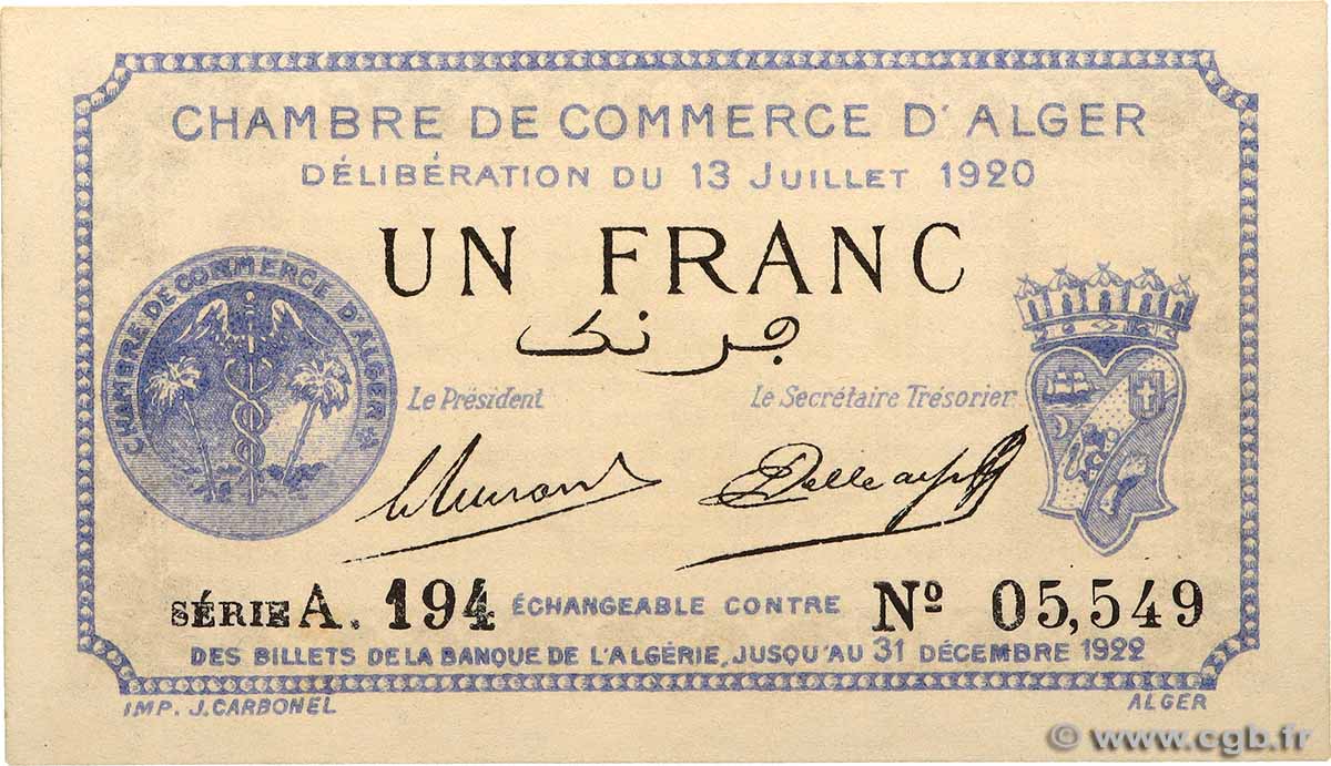 1 Franc ALGERIA Alger 1920 JP.137.14 UNC