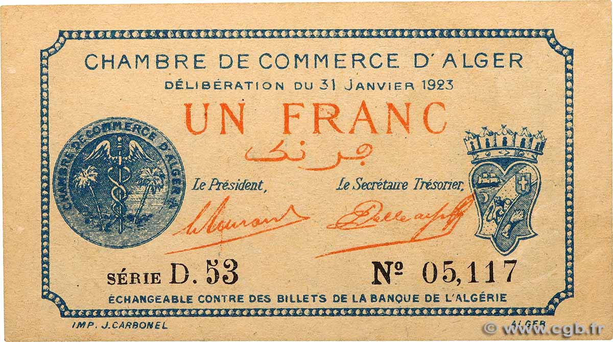 1 Franc ALGERIA Alger 1923 JP.137.26 AU-