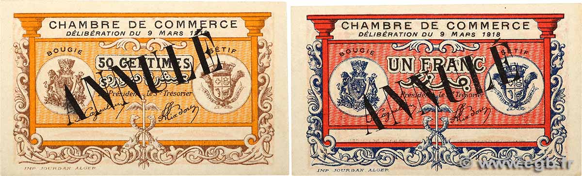 50 centimes et 1 Franc Annulé ALGERIA Bougie - Sétif 1918 JP.139.04 et JP.139.07 UNC-