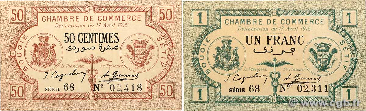 50 Centimes et 1 Franc Lot ALGERIEN Bougie - Sétif 1915 JP.139.01/02 fST