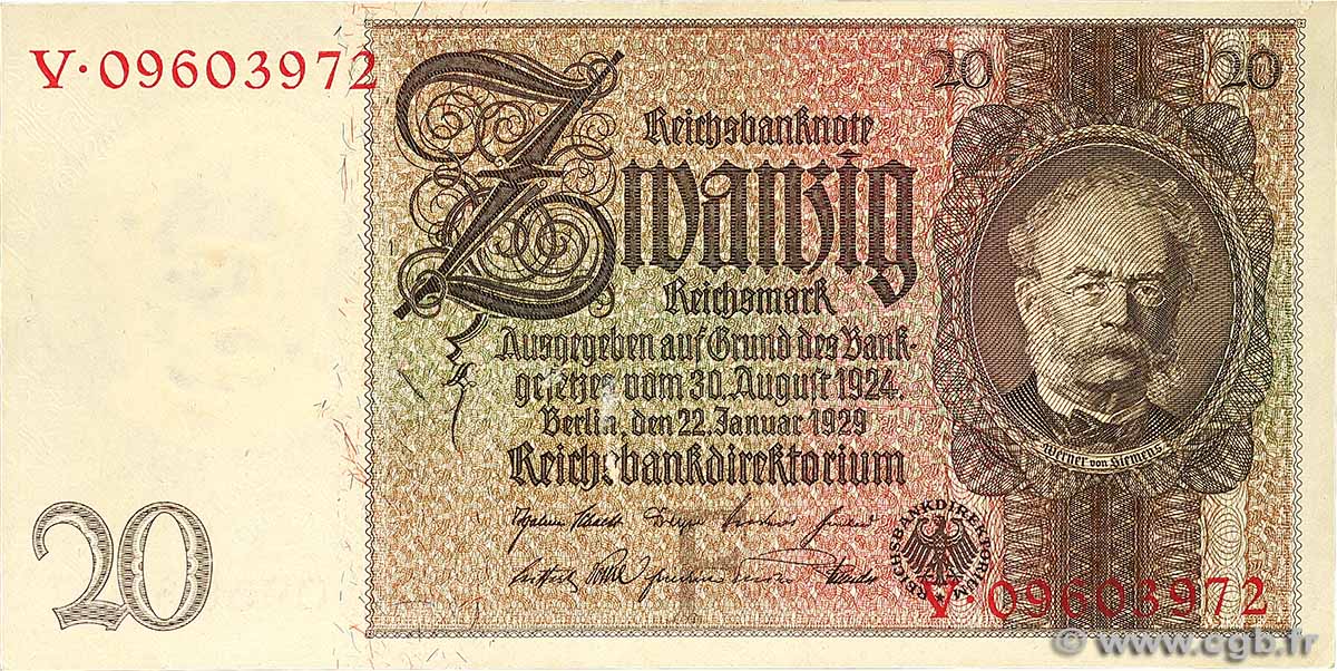 20 Reichsmark FRANCIA  1929 P.181b q.SPL