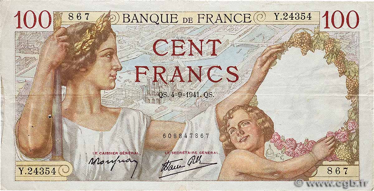 100 Francs SULLY FRANCIA  1941 F.26.57 q.BB