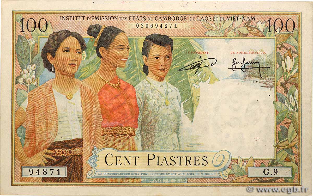 100 Piastres - 100 Riels FRANZÖSISCHE-INDOCHINA  1954 P.097 fVZ