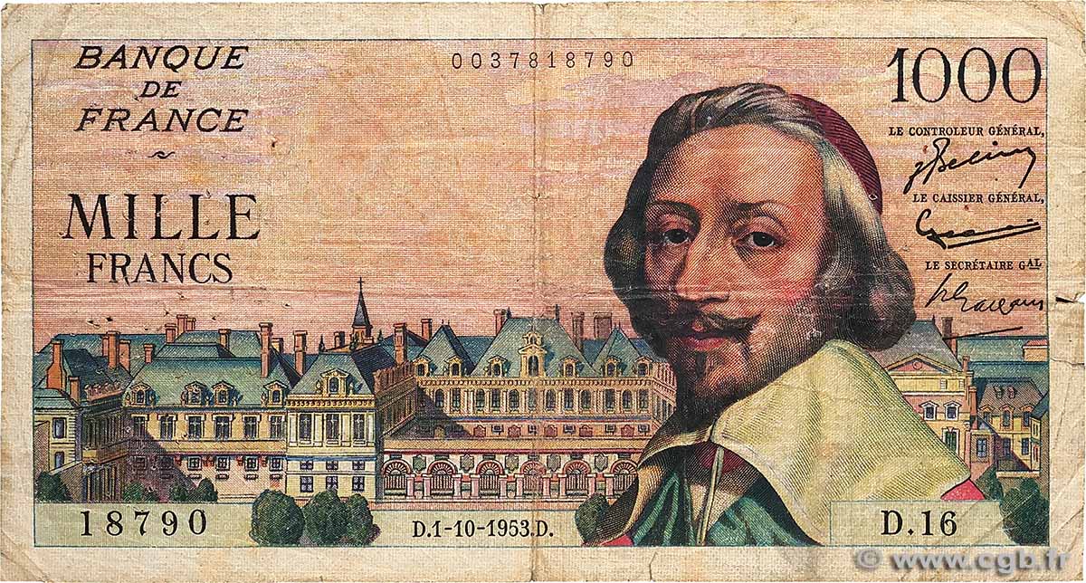 1000 Francs RICHELIEU FRANCIA  1953 F.42.03 q.MB