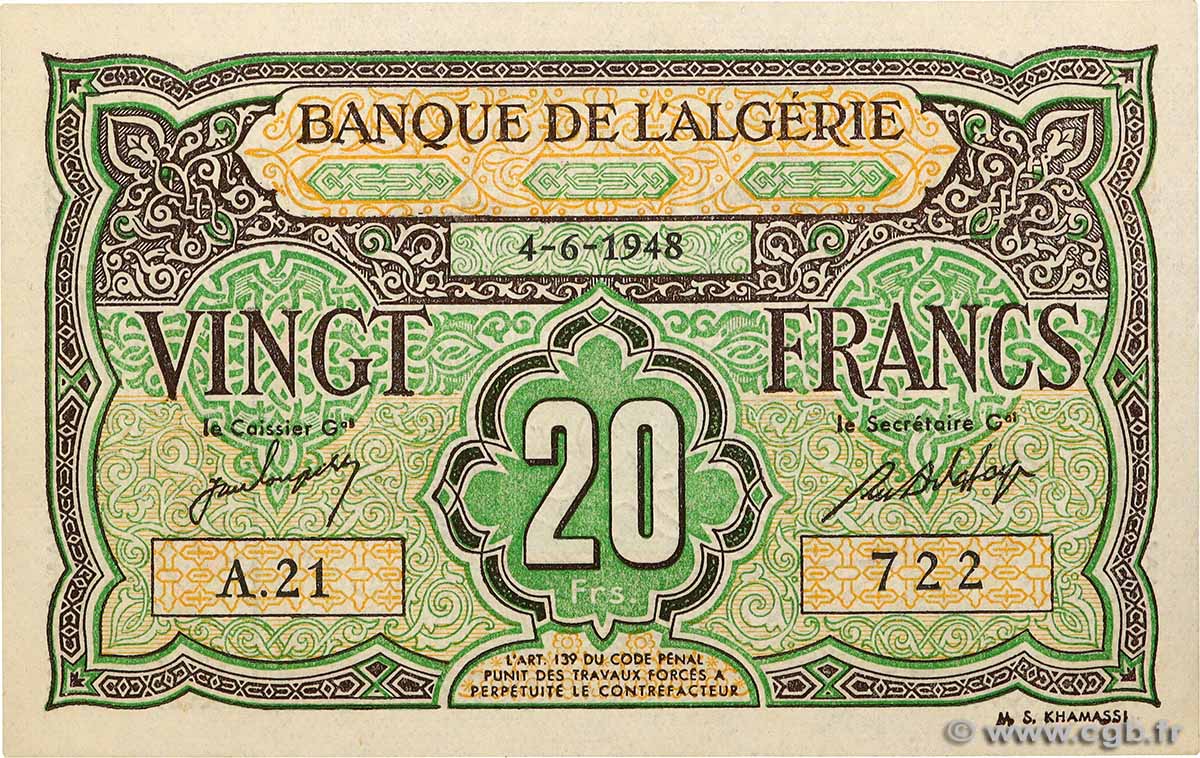 20 Francs ALGÉRIE  1948 P.103 SPL