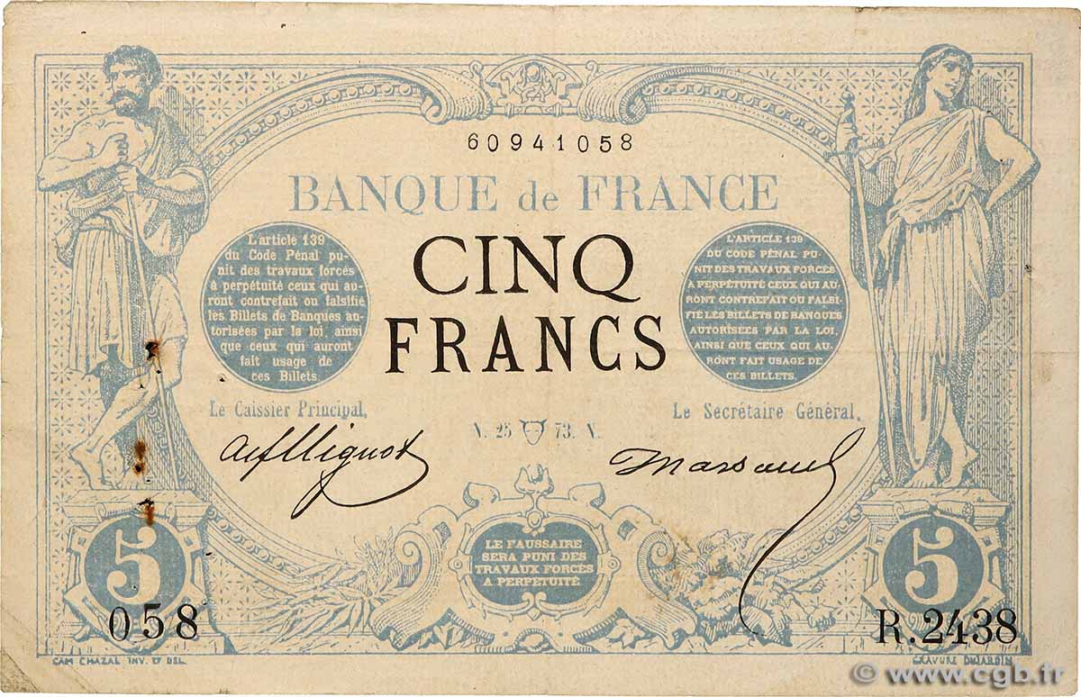 5 Francs NOIR FRANCIA  1873 F.01.17 q.BB