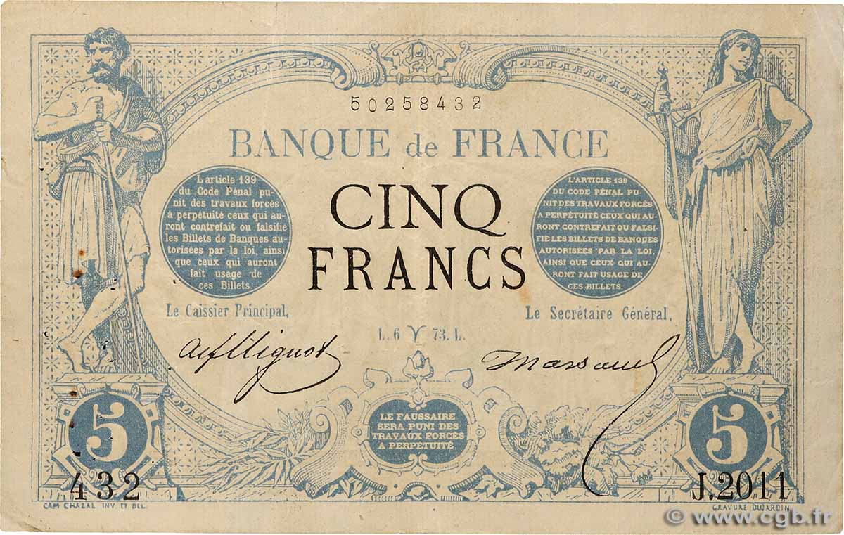 5 Francs NOIR FRANCE  1873 F.01.16 F+