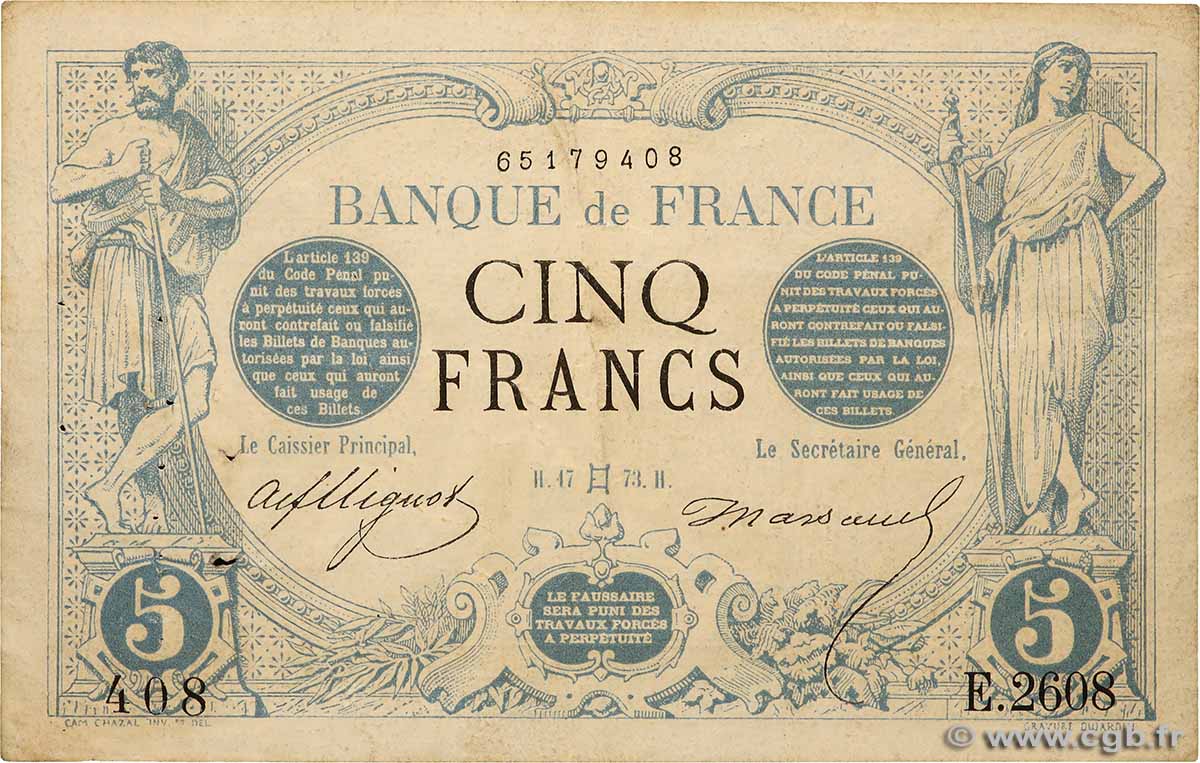 5 Francs NOIR FRANCE  1873 F.01.18 VF