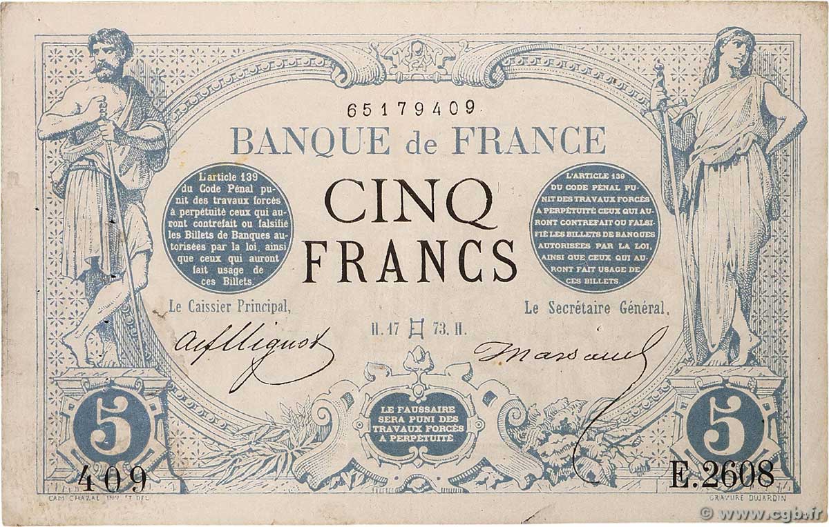 5 Francs NOIR FRANCE  1873 F.01.18 VF