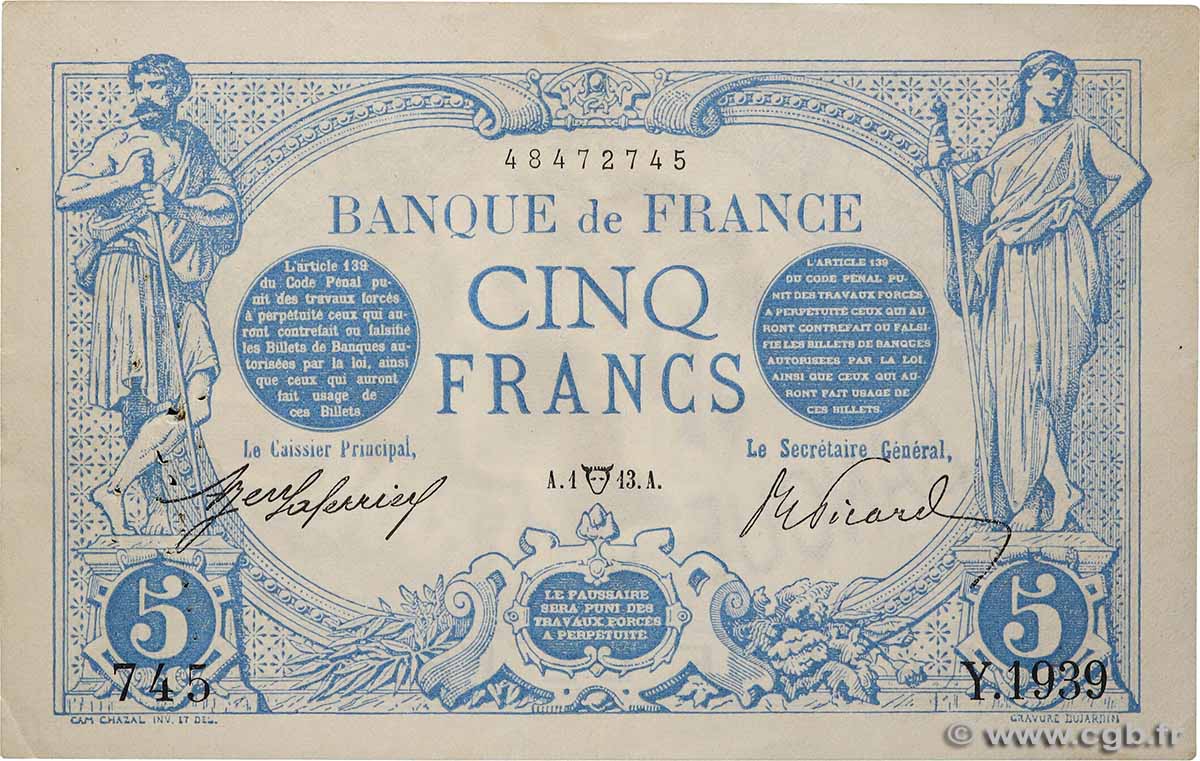 5 Francs NOIR FRANCE  1913 F.02.16 TTB+