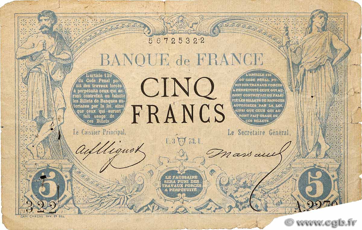 5 Francs NOIR FRANKREICH  1873 F.01.17 GE