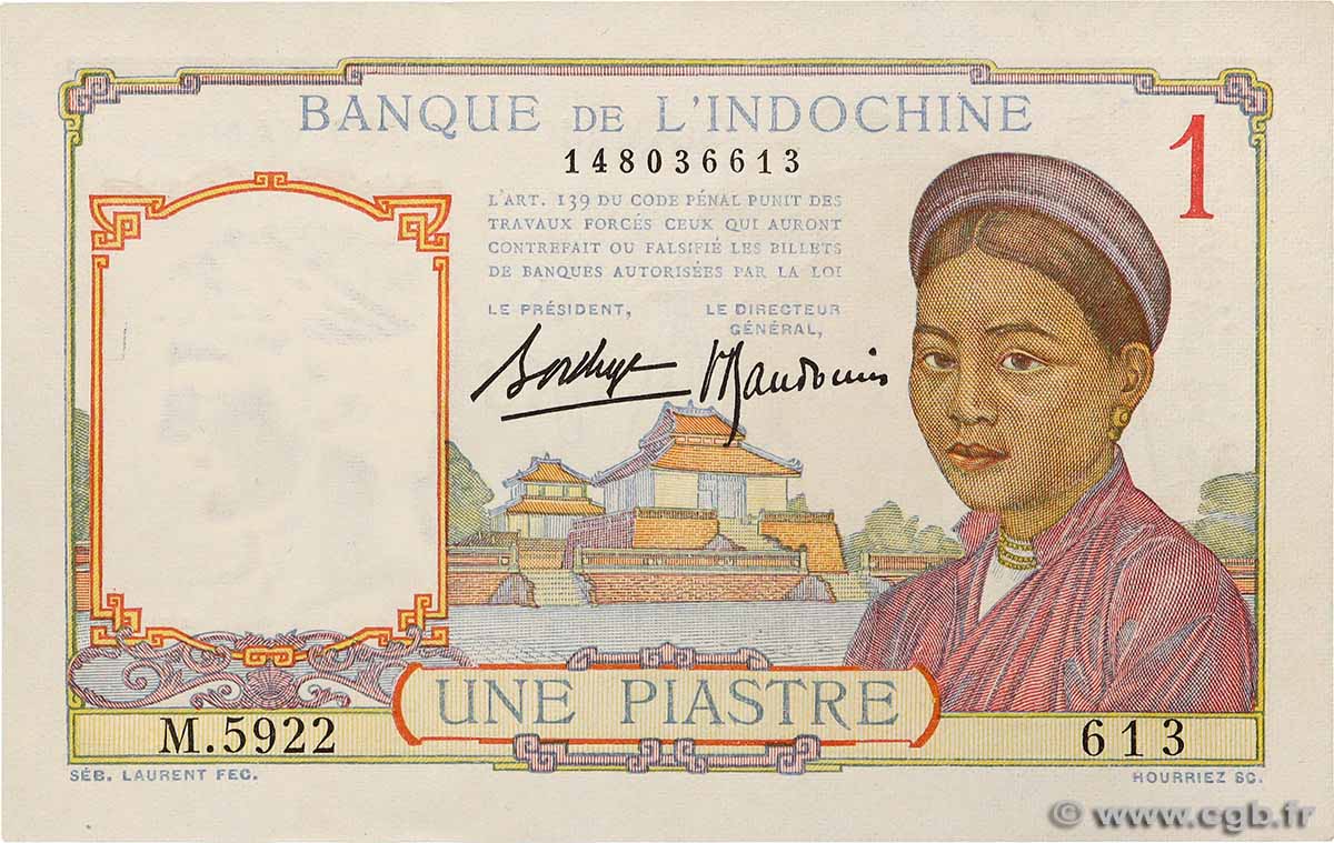 1 Piastre FRANZÖSISCHE-INDOCHINA  1936 P.054b fST+