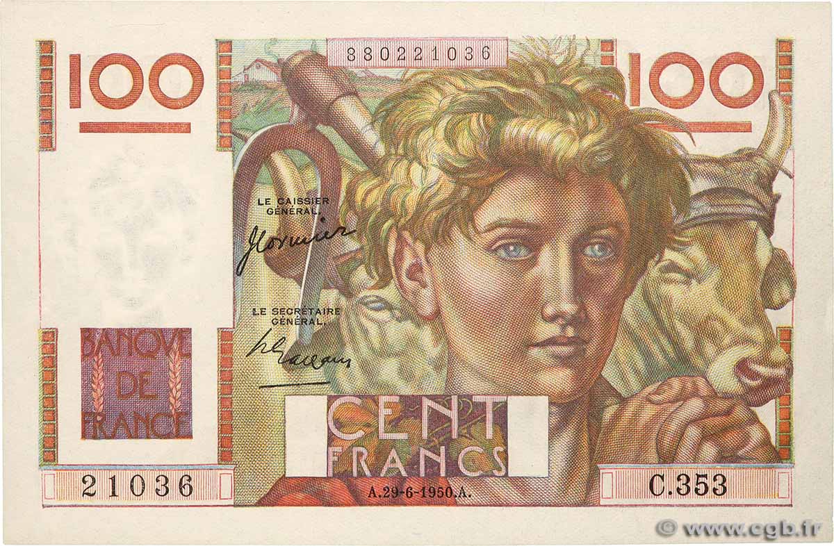 100 Francs JEUNE PAYSAN FRANCE  1950 F.28.25 XF+