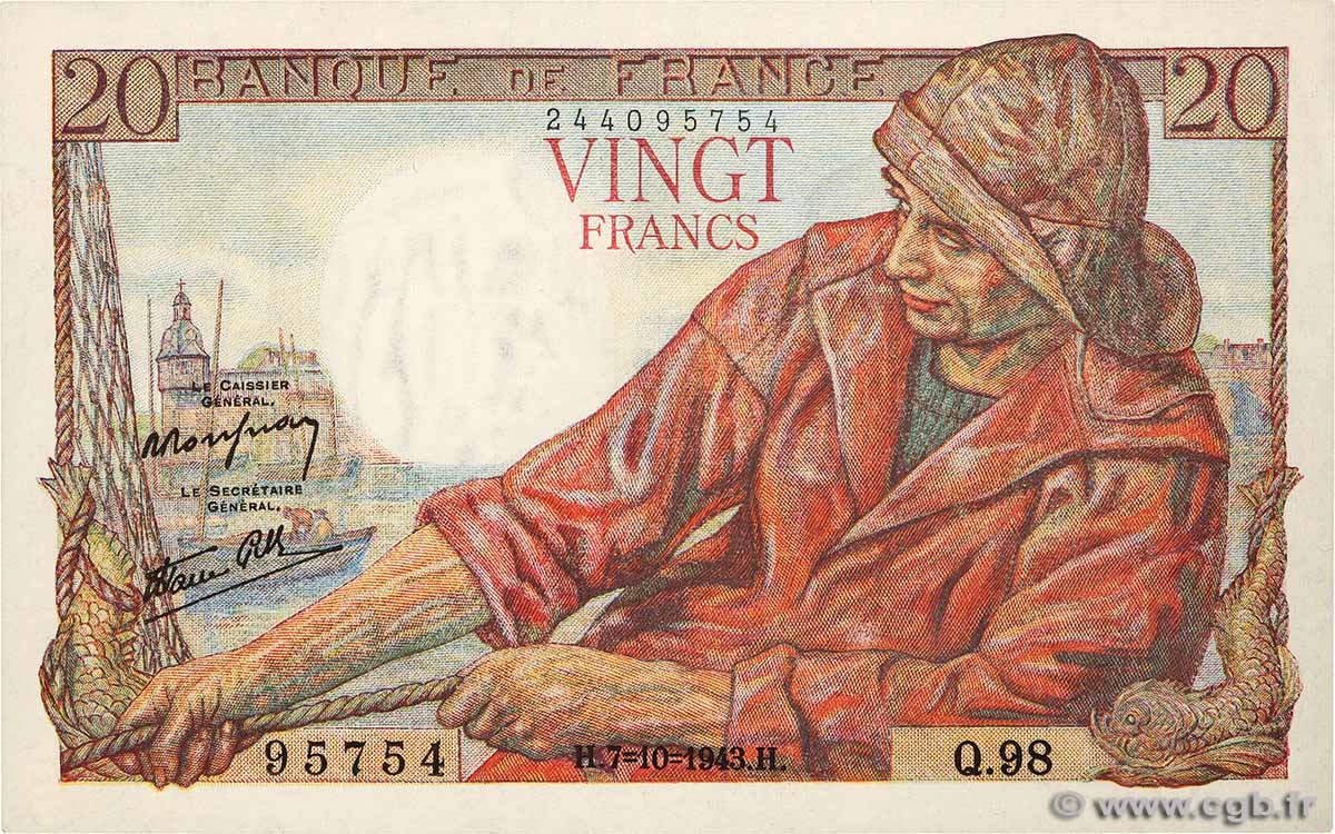 20 Francs PÊCHEUR FRANCE  1943 F.13.07 XF+