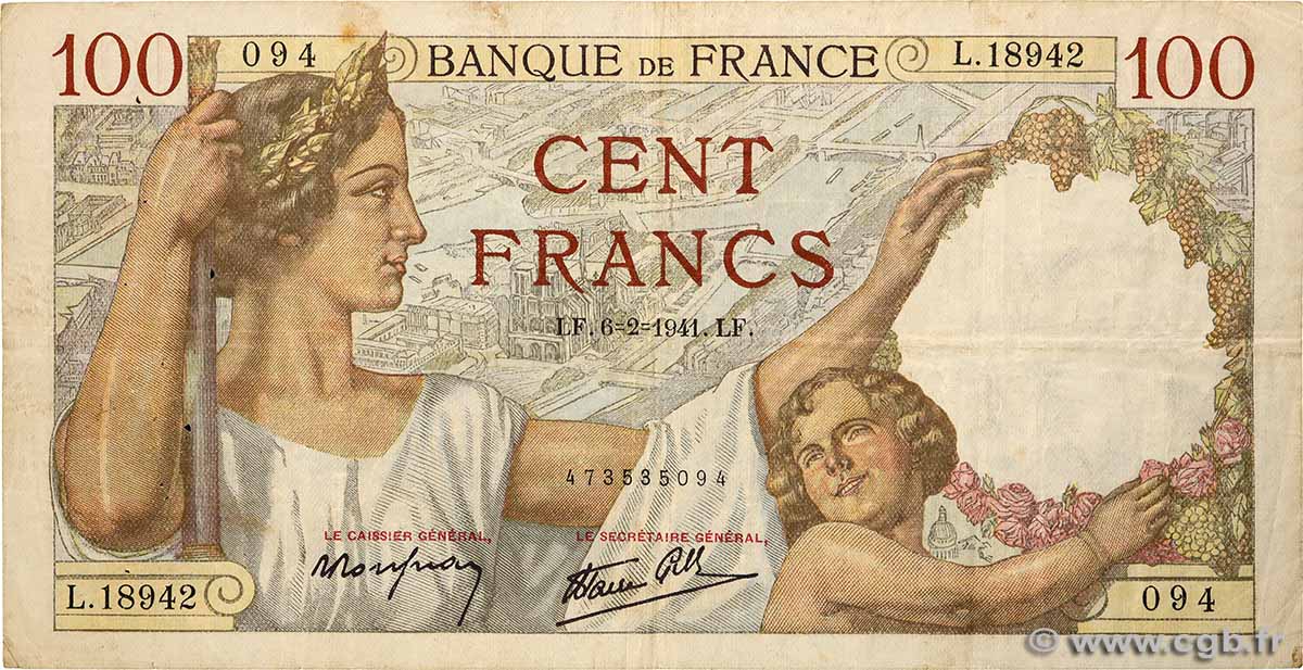 100 Francs SULLY FRANCE  1941 F.26.46 F+