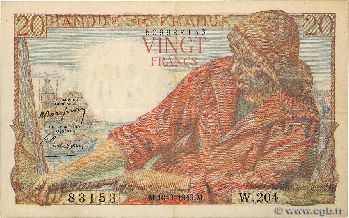 20 Francs PÊCHEUR FRANCE  1949 F.13.14 XF-