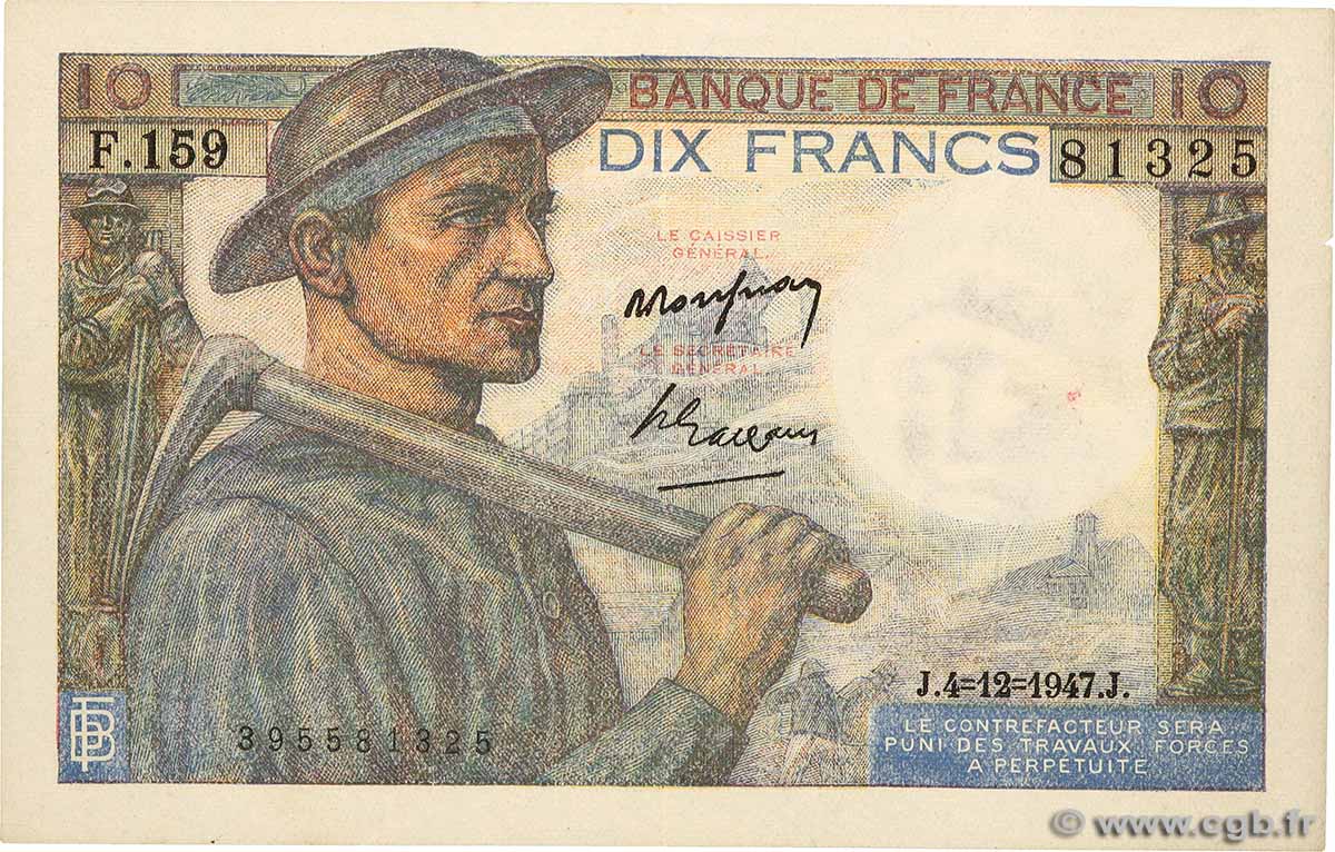 10 Francs MINEUR FRANCE  1947 F.08.19 XF+