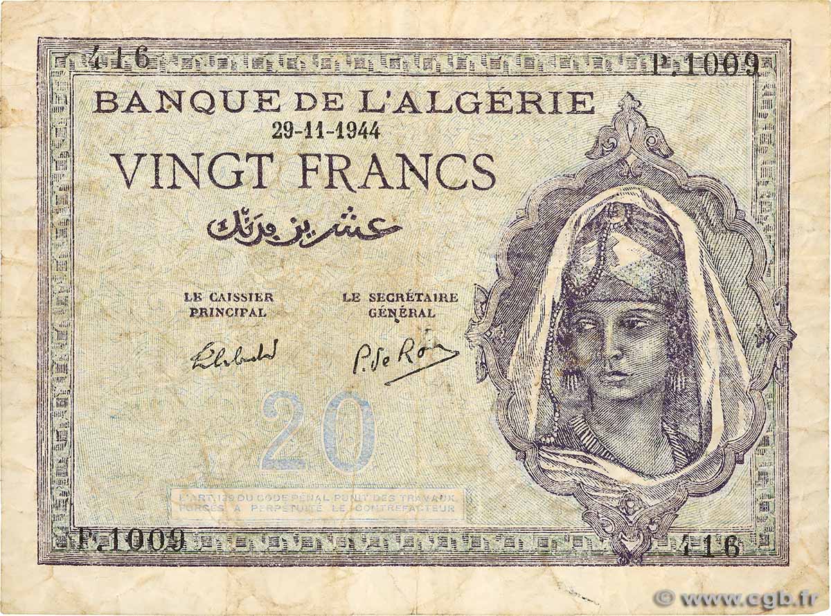20 Francs ALGERIA  1944 P.092b VG