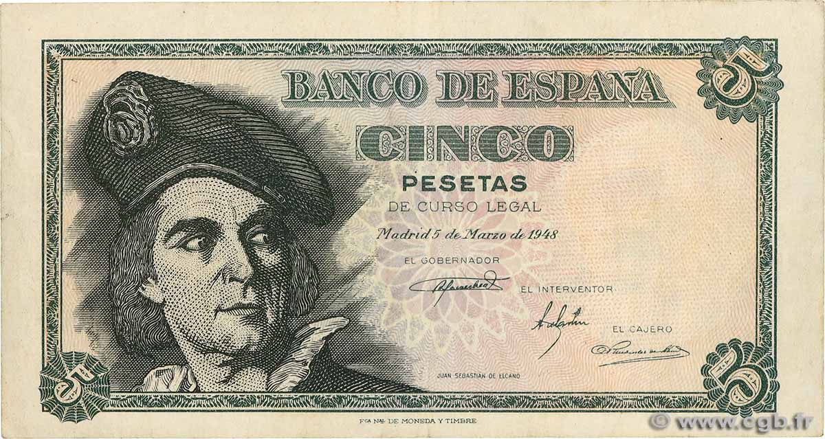 5 Pesetas SPAIN  1948 P.136a VF+