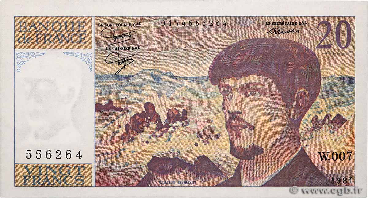 20 Francs DEBUSSY FRANCE  1981 F.66.02W7 UNC-