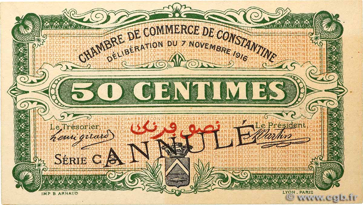 50 Centimes Annulé ALGÉRIE Constantine 1916 JP.140.07 pr.NEUF