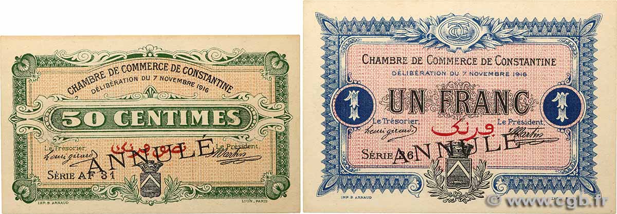 50 Centimes et 1 Franc Annulé ALGERIEN Constantine 1916 JP.140.09 et JP.140.11 fST+