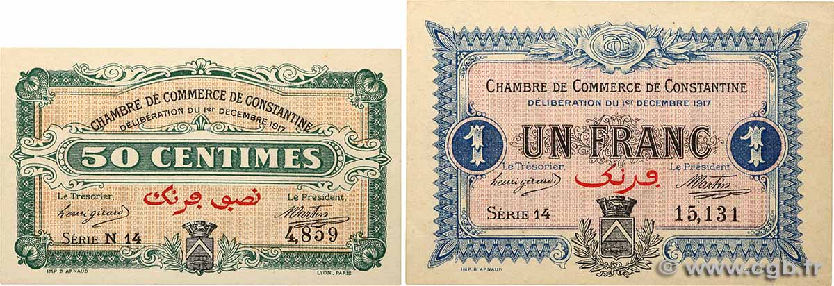 50 Centimes et 1 Franc Lot ALGERIA Constantine 1917 JP.140.12 et JP.140.13 AU