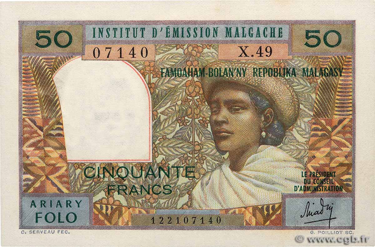 50 Francs - 10 Ariary MADAGASCAR  1969 P.061 SPL+