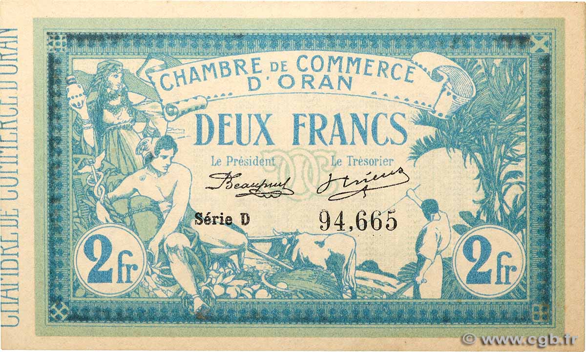 2 Francs ALGERIA Oran 1915 JP.141.03 AU