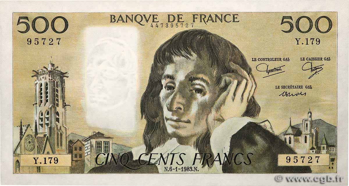 500 Francs PASCAL FRANCE  1983 F.71.28 AU+