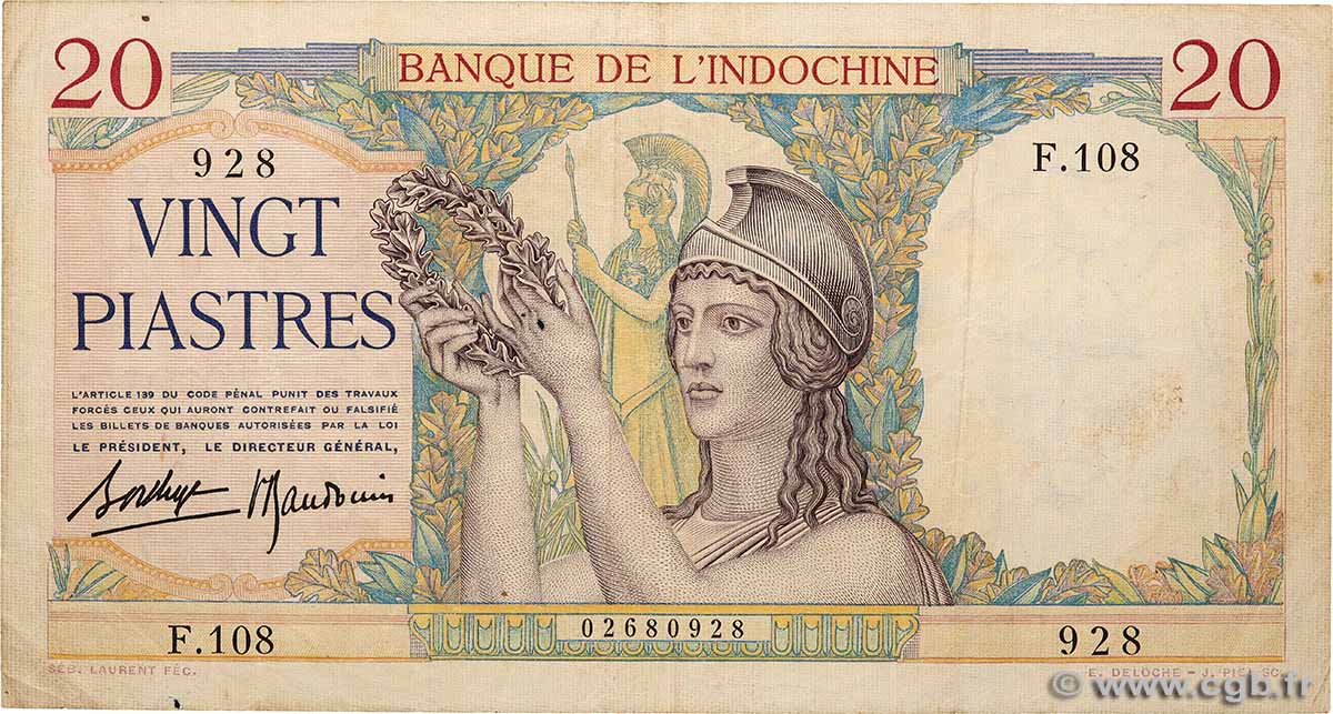 20 Piastres INDOCHINE FRANÇAISE  1936 P.056b TTB