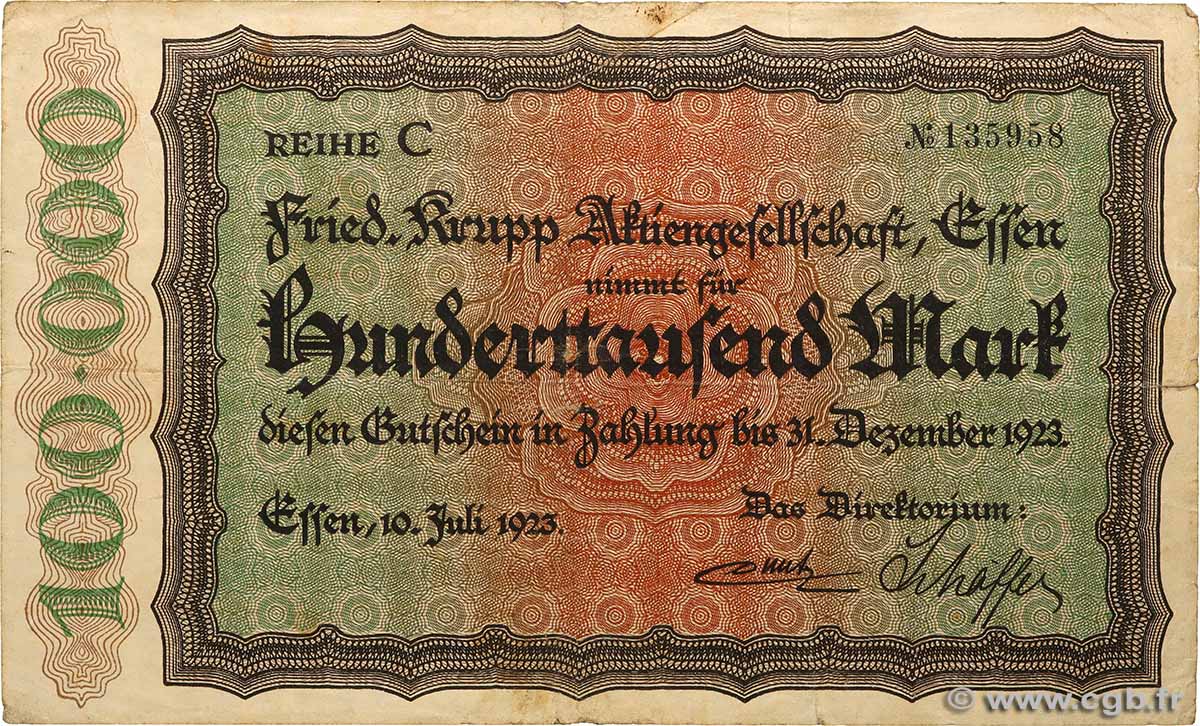 100000 Mark GERMANY Essen 1923  F