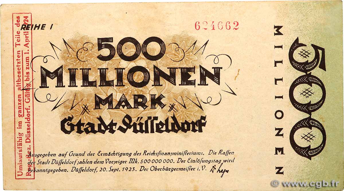 500 Millions Mark GERMANY Düsseldorf 1923  VF+