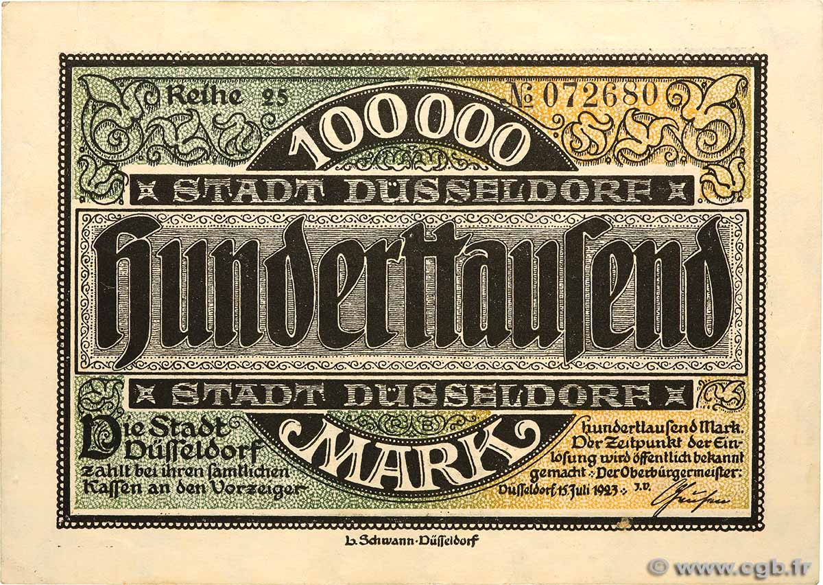 100000 Mark GERMANY Düsseldorf 1923 P.- XF
