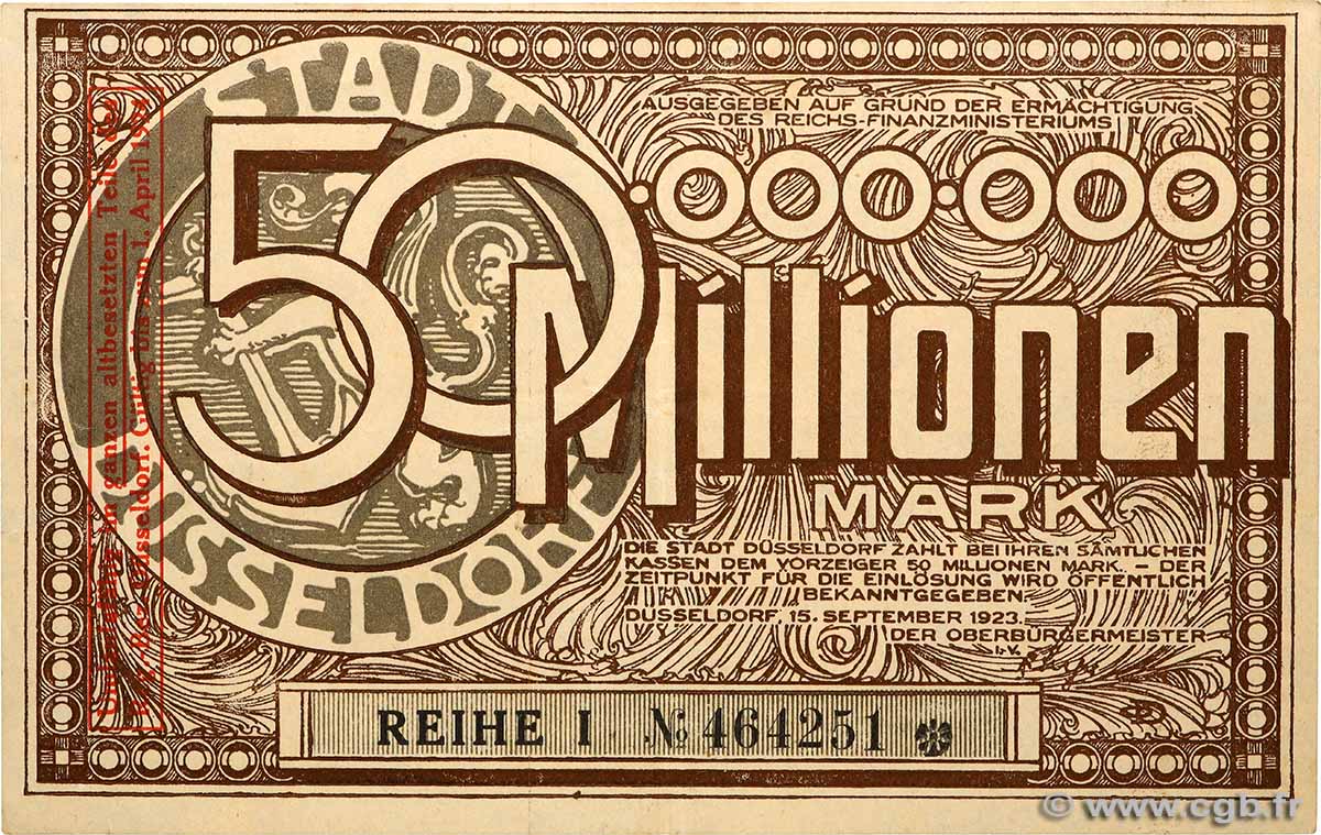 50 Millions Mark GERMANY Düsseldorf 1923  XF-