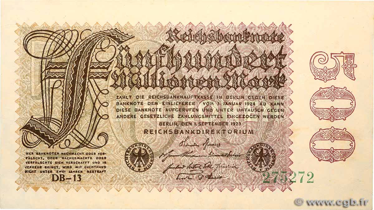 500 Millions Mark GERMANY  1923 P.110 AU+
