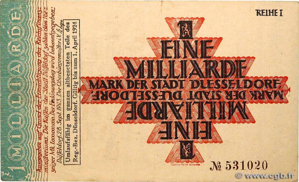1 Milliard Mark GERMANY Düsseldorf 1923 P.- XF