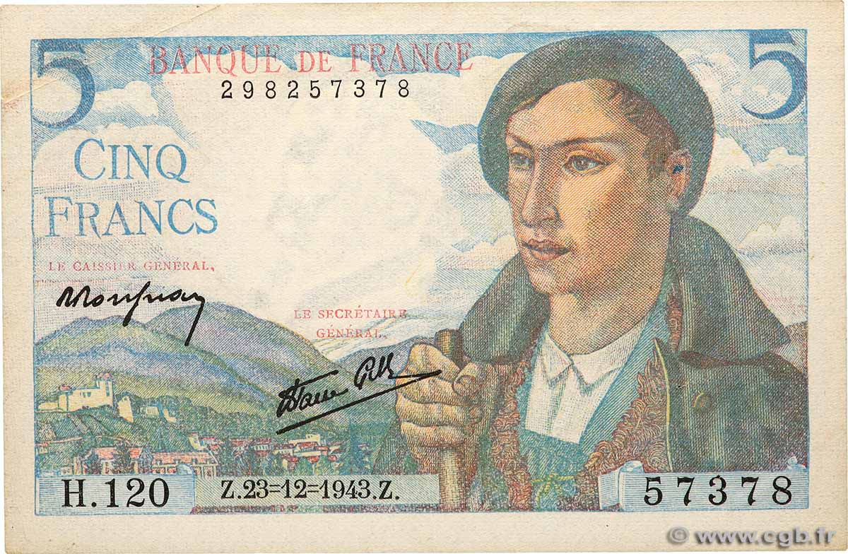 5 Francs BERGER FRANCE  1943 F.05.05 XF+