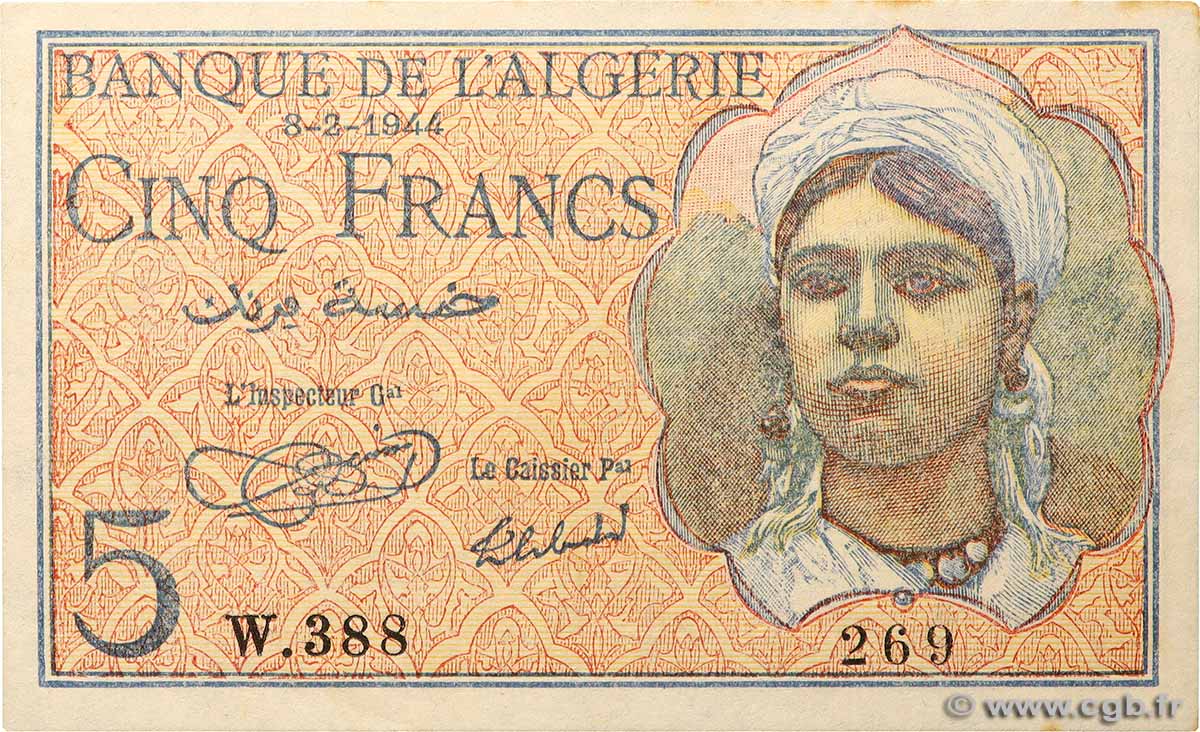 5 Francs ALGÉRIE  1944 P.094a SPL+