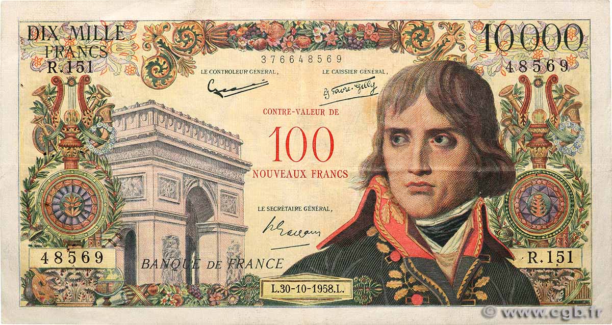 100 NF sur 10000 Francs BONAPARTE FRANCE  1958 F.55.01 F+