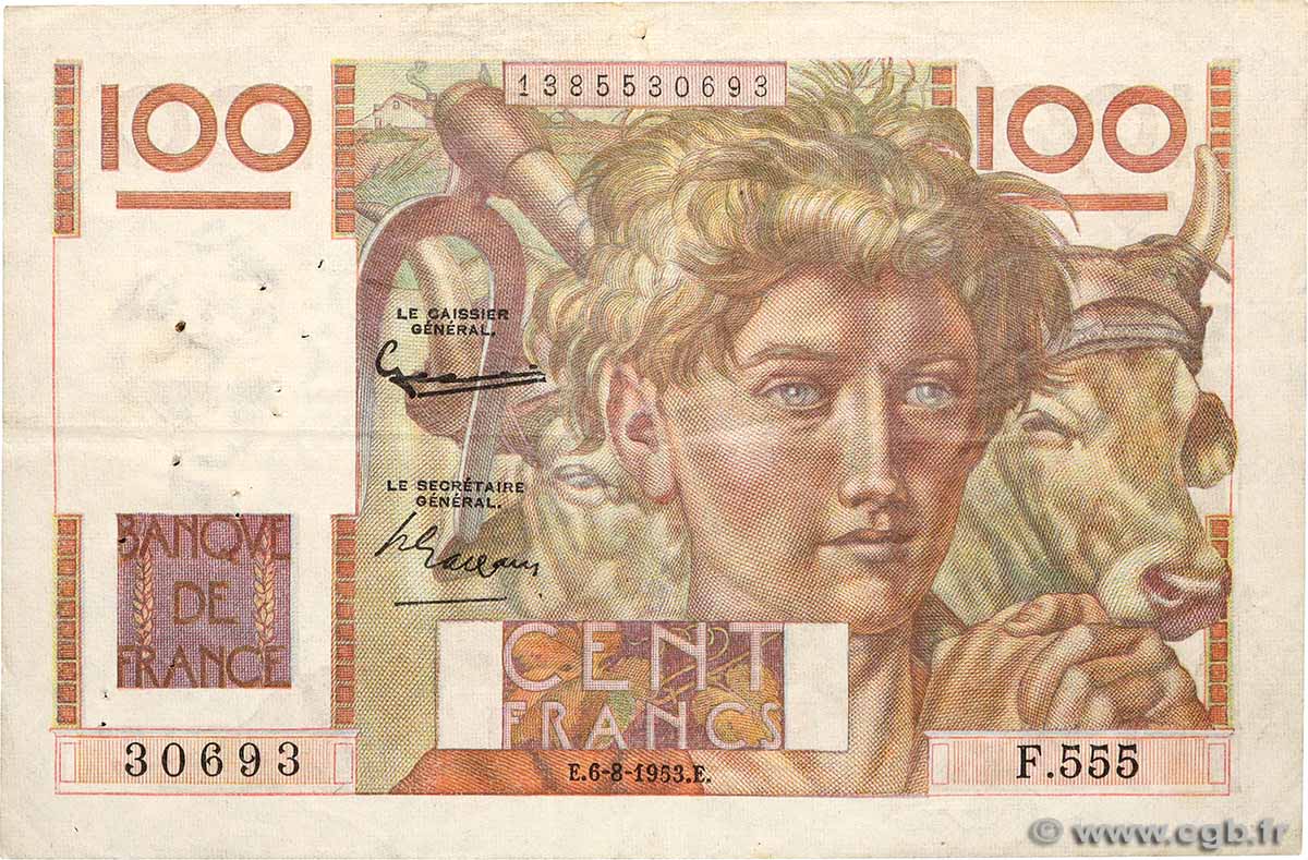 100 Francs JEUNE PAYSAN filigrane inversé FRANCIA  1952 F.28bis.02 MB